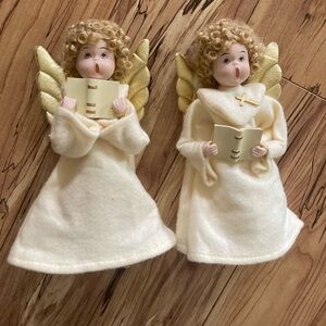 2 Vtg Christmas Choir Girl Angel Felt Porcelain Face Blonde Curls Cross 9.5"